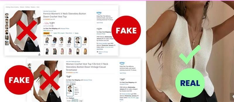 Side-by-side comparison of counterfeit fashion listings on a marketplace versus the original brand product
